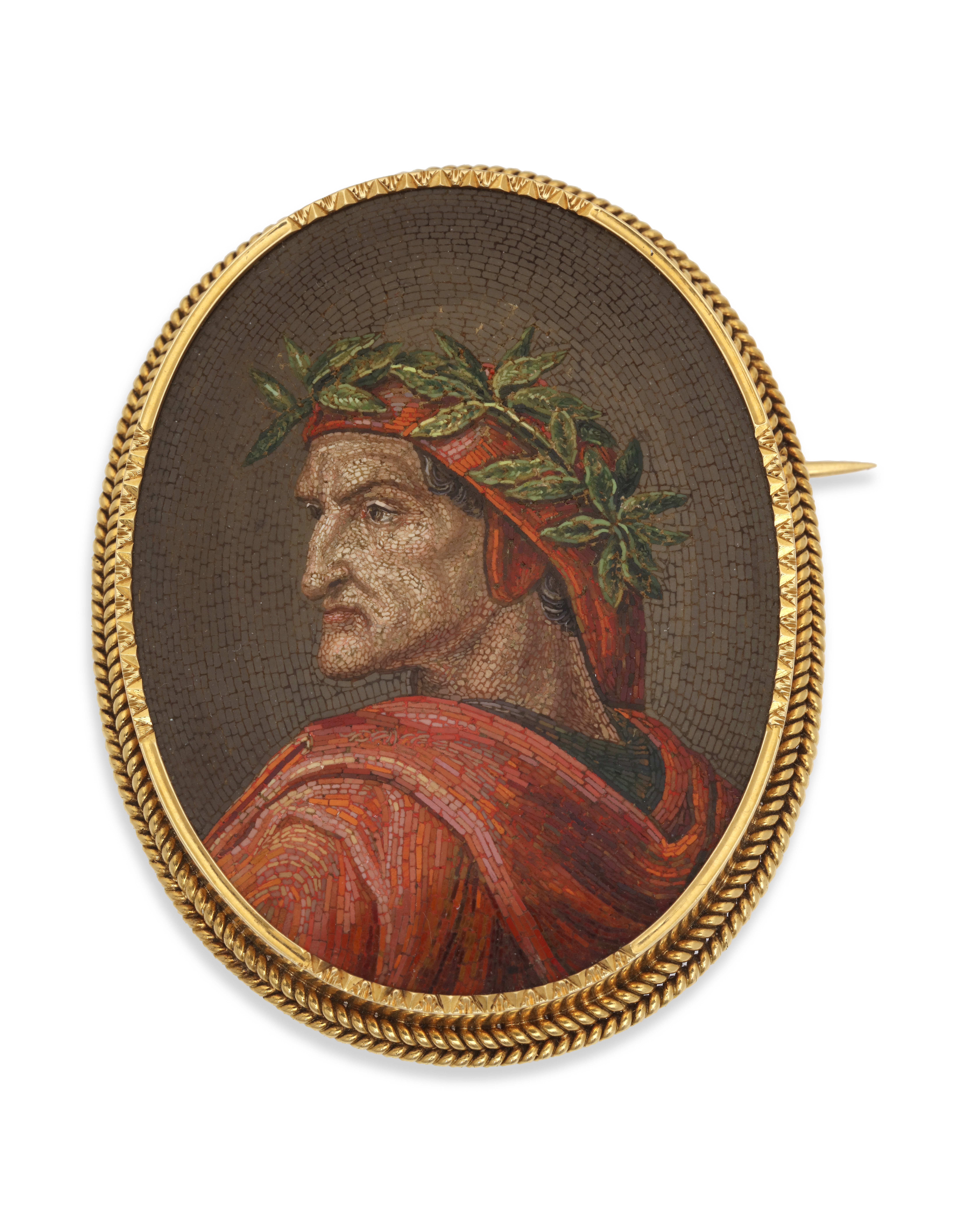 26blanc1 Lot 26 : Broche en or 18K ornée d'une micromosaïque polychrome représentant Dante. Travail italien romain des années 1860, monture française.