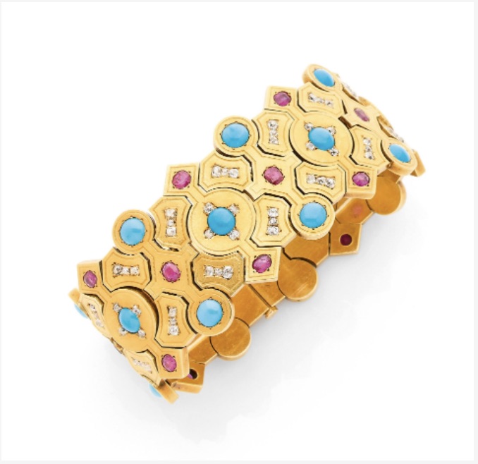 12 Bracelet ruban articulé en or 18K, turquoises et rubis