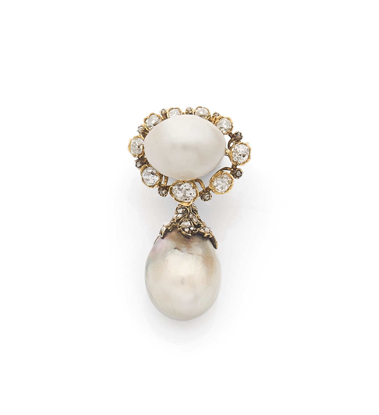 FONTANA Broche en or 18K ornée d'une perle ovale blanc crème oblongue dans un entourage de diamants retenant en papille une perle gris-violet en forme de goutte 