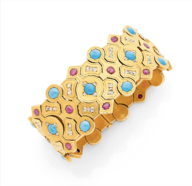 Lot 12 de la vente du 13 juin 2023 : bracelet en or turquoises, diamants et rubis